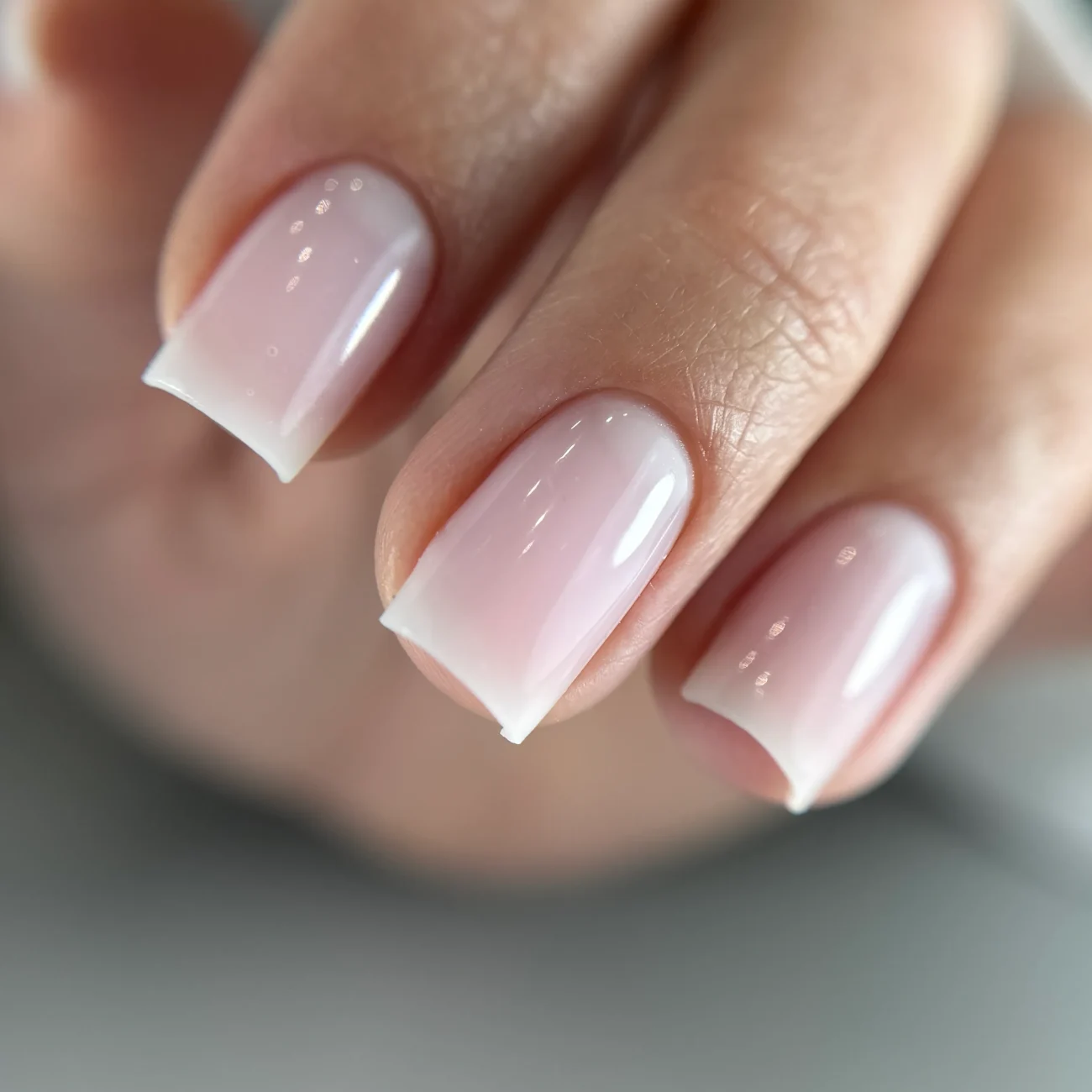 Soft pink square nails with a natural glossy finish.