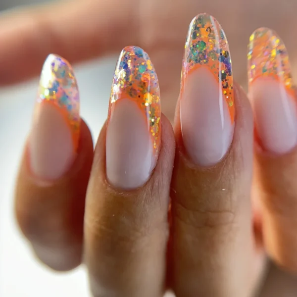 Almond-shaped nails with clear bases and orange glitter tips.