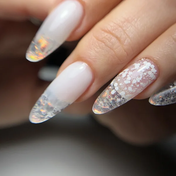 Stiletto nails with a white base and silver glitter accents.