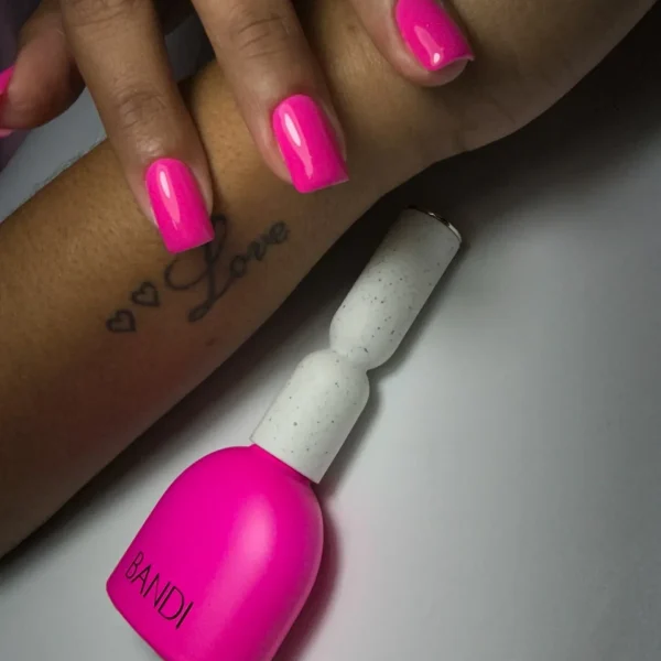 Bright pink square nails with a glossy finish.