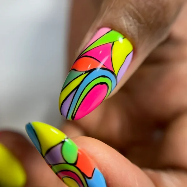 Almond-shaped nails with colorful swirl designs and a glossy finish.